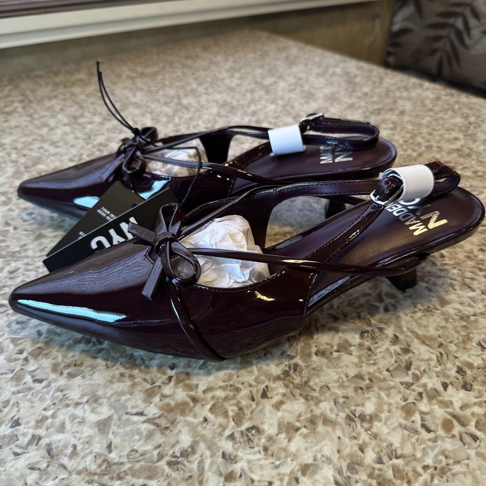 Madden NYC Burgundy Pointed Toe Leather Bow Mule Heels Buckle Strap Women 7